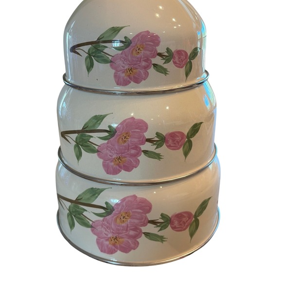 Vintage Enamelware Nesting Mixing Bowls Pink Desert Roses Set of 3 Cream Metal - Picture 2 of 13